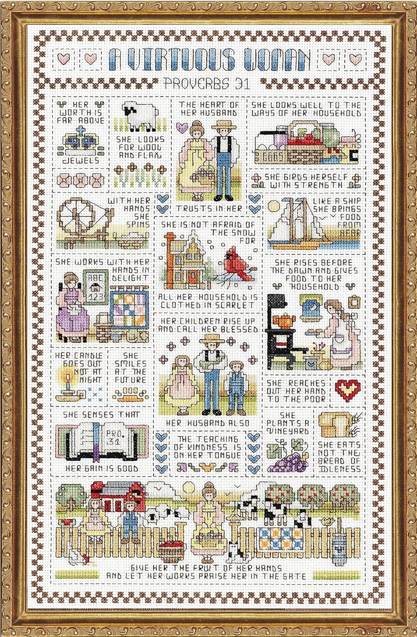 A Virtuous Woman Counted Cross Stitch Kit – 14CT Fabric, 9.25×15.25 Inch, Complete DIY Embroidery Kit with Threads, Needle & Instructions
